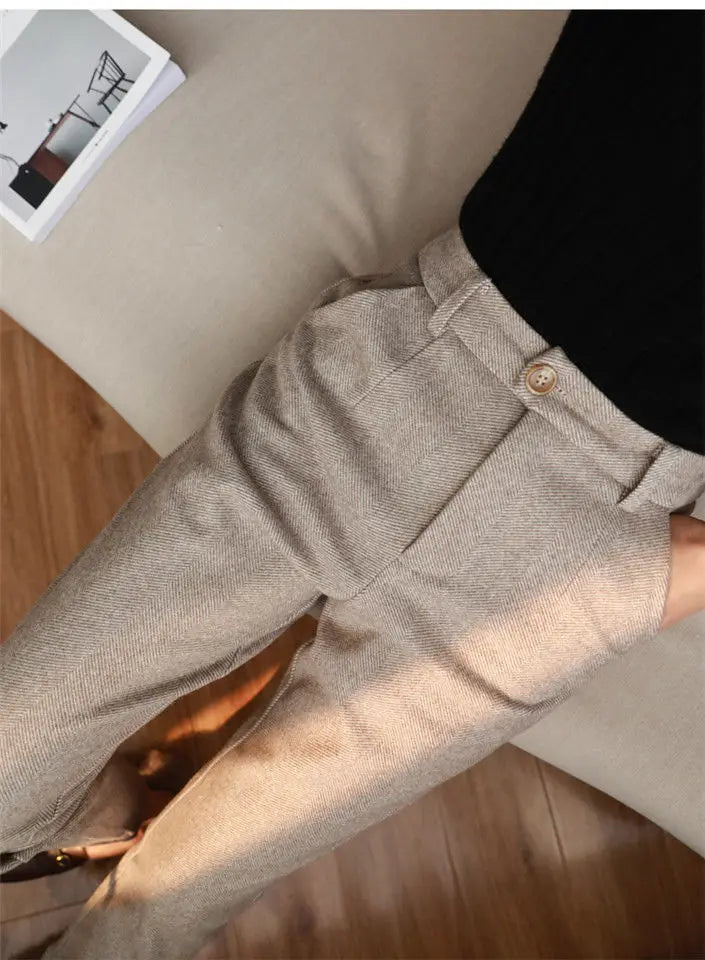 Woolen Pants Women's Harem Pencil Pants Autumn Winter High Waisted
