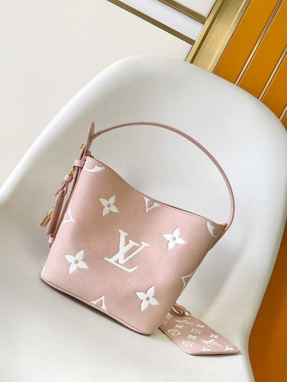 M44679 Bucket Shoulder Bag Monogram Embossed Pink Color.